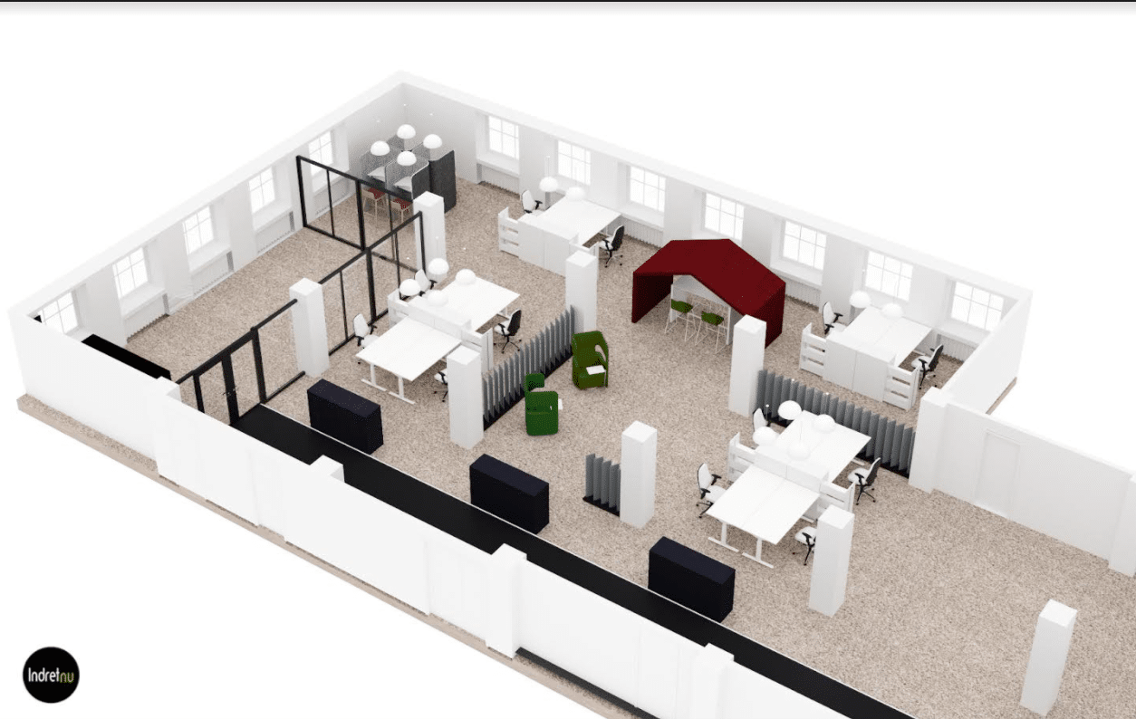 3d tegning af arbejdsplads indrettet efter corona